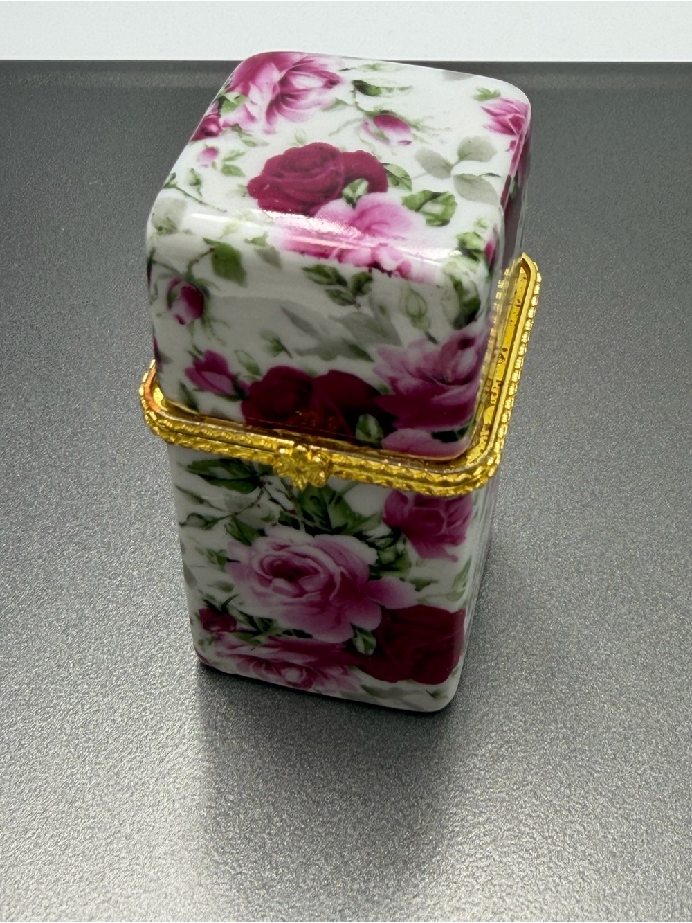 Floral Porcelain Trinket Box with Gold Trim